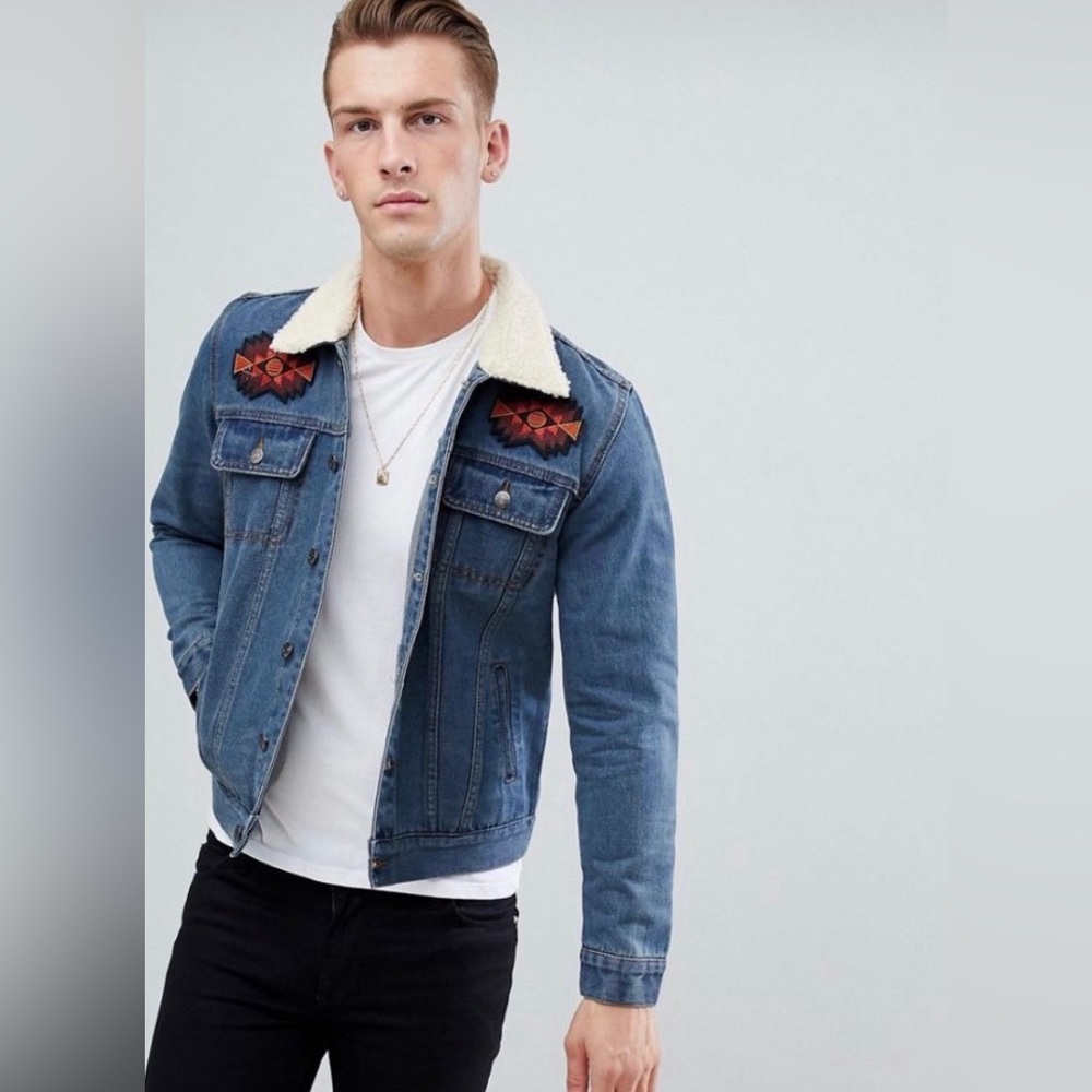 BooHoo Man Denim Jacket Button Up Sherpa Collar Trucker Aztez Medium embroidered